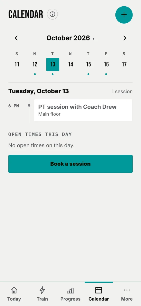 Your calendar: sessions, workouts and rest days, and Book a session.