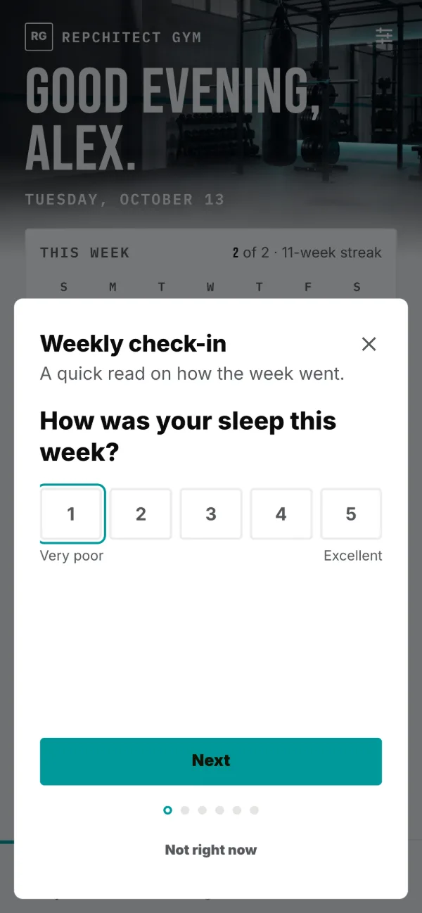 A check-in, one question per screen. Nothing is required.