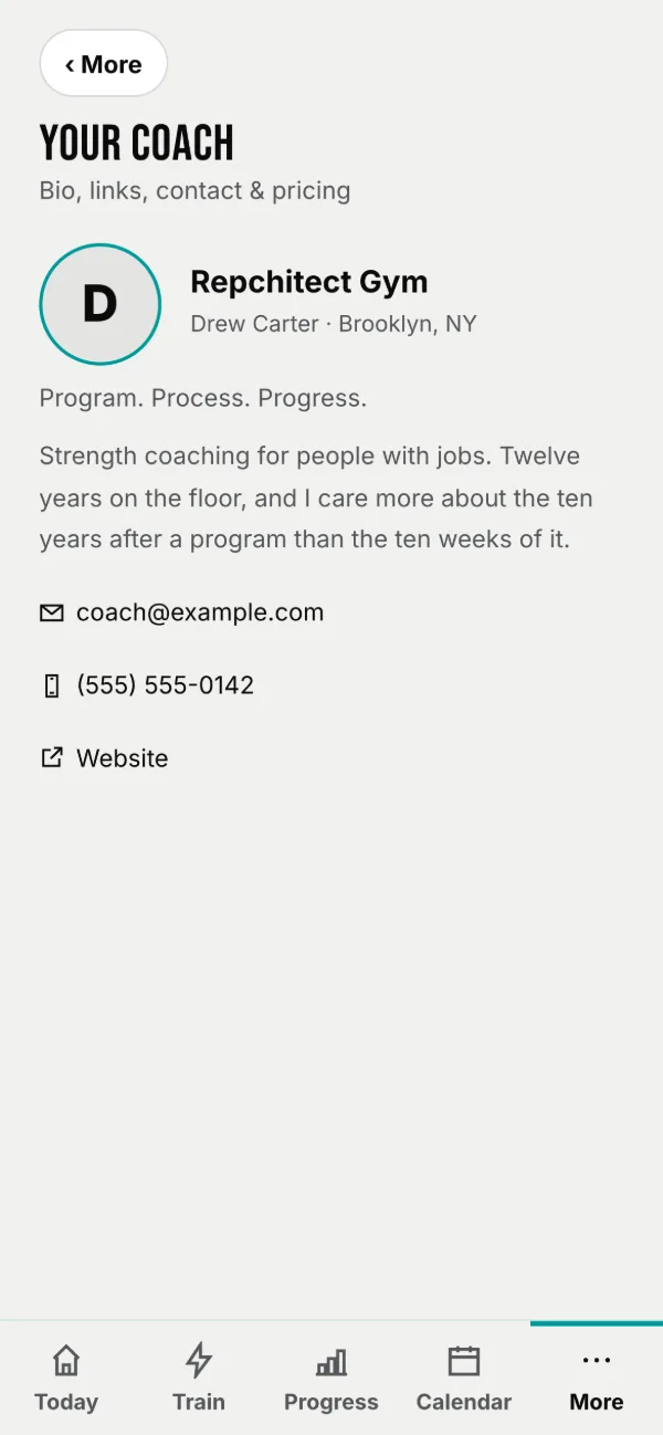 Your coach: their bio, contact and your package.