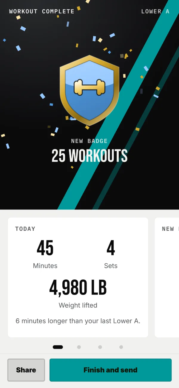 Workout complete: your badge, then cards to swipe, ending with a note to your coach.