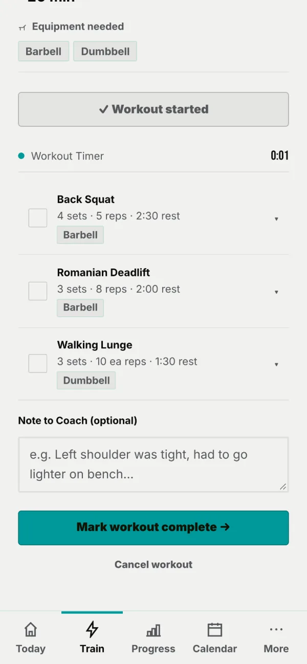Log manually instead: every exercise as a card, with a timer running.