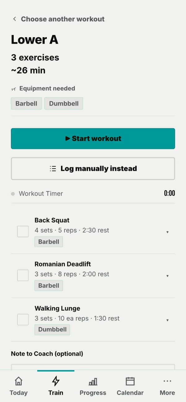 A routine: the equipment you need, then Start workout.