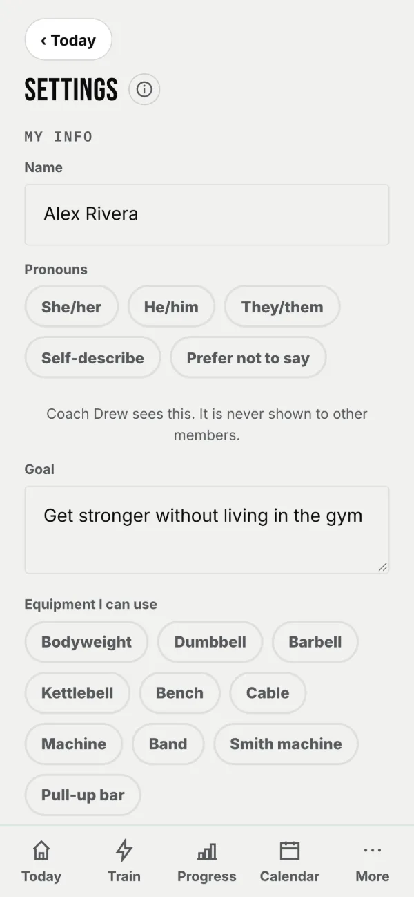 Settings: your info, Display, demos and more.