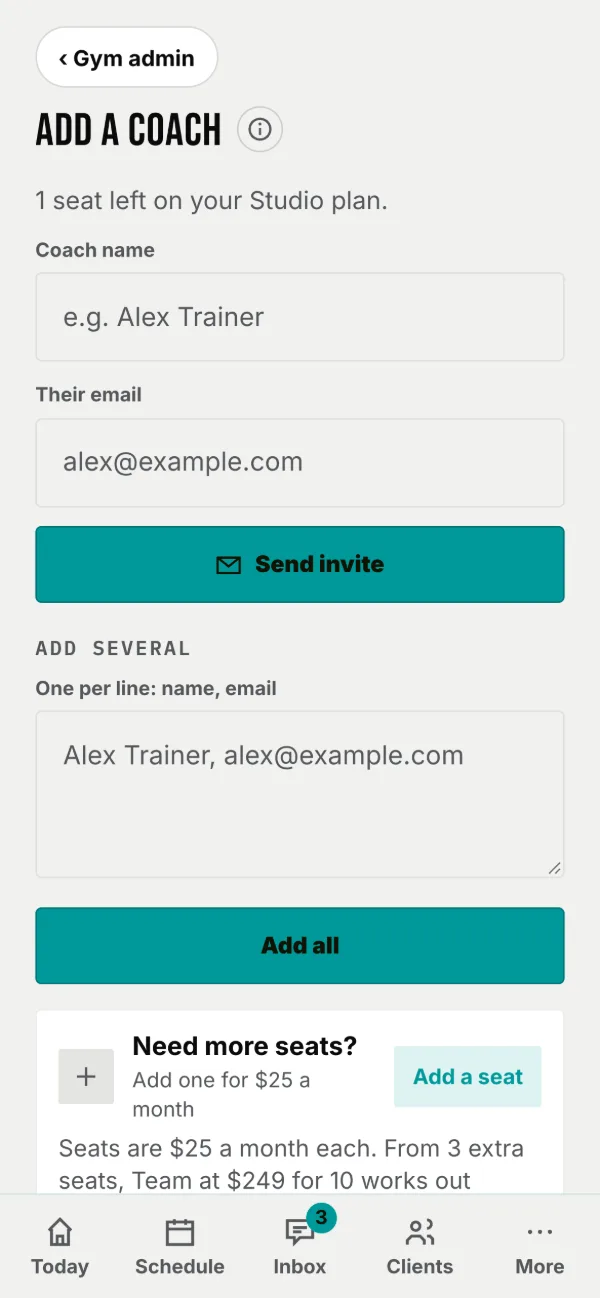 Add a coach: Send invite, or paste a list, and the seat card.