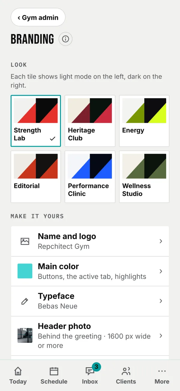 Gym branding: the same Appearance page, for the whole gym.