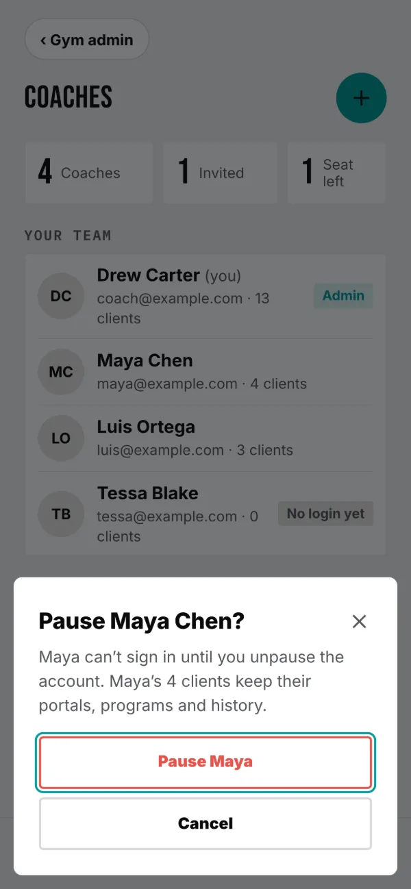 Pausing asks first, by name. Unpausing applies at once.