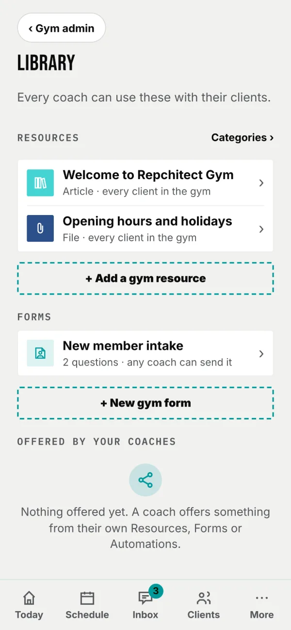 The gym library: resources, forms and what coaches have offered.