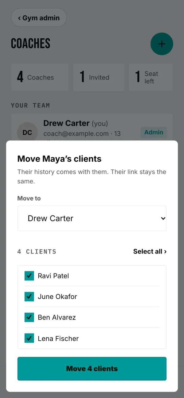 Pick the coach, keep or trim the list, then Move.