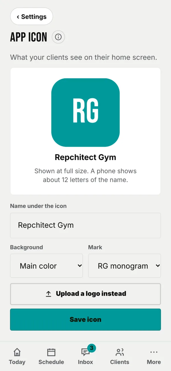 App icon: one large preview of exactly what a phone will show, then the name, background and mark.