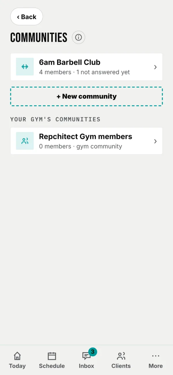 Communities, one per cohort, and your gym’s own.