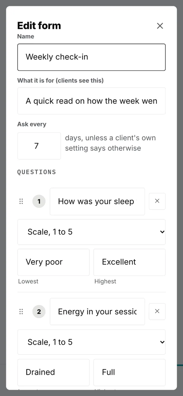 The check-in is a form: its questions and how often it asks.