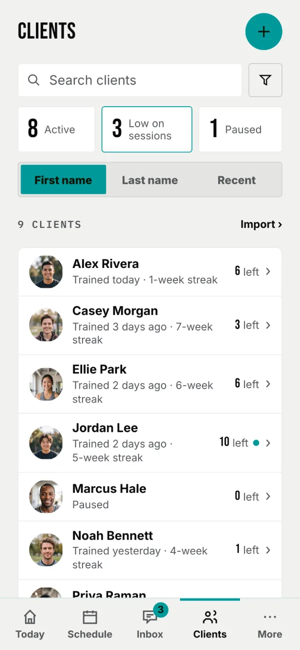 Clients: three tiles that filter, search and sort, then a row per client.