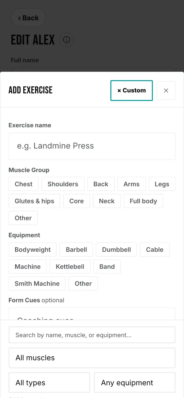 A custom exercise: name, muscle group, equipment and form cues.