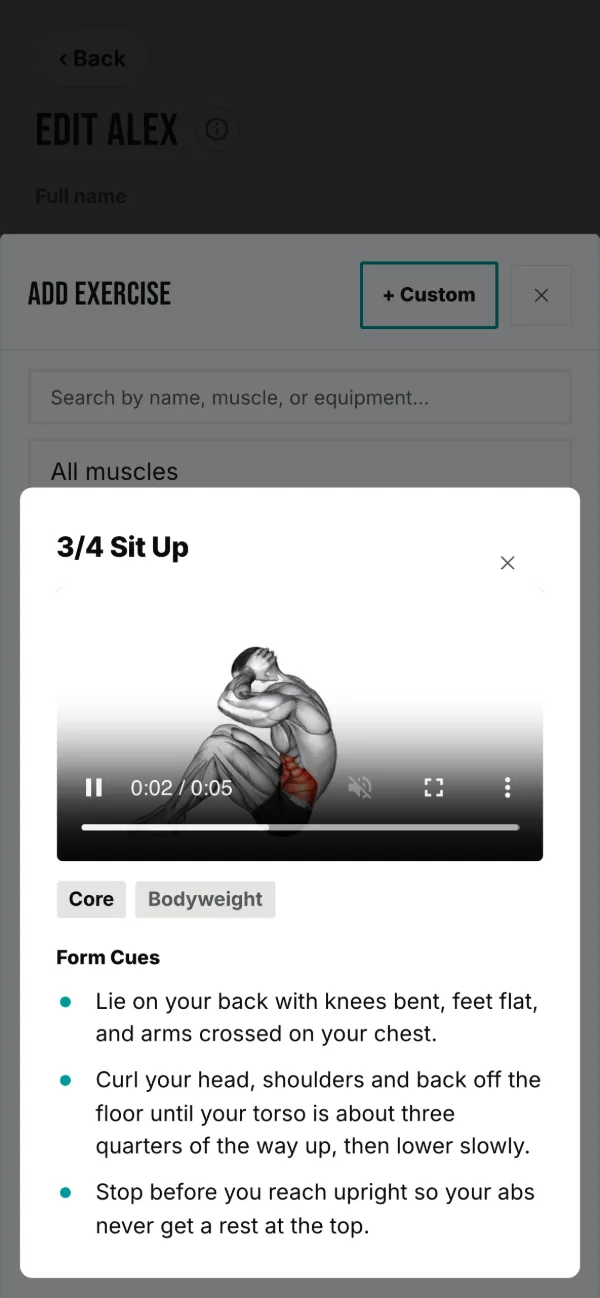 The demo player, with the exercise’s form cues under the clip.