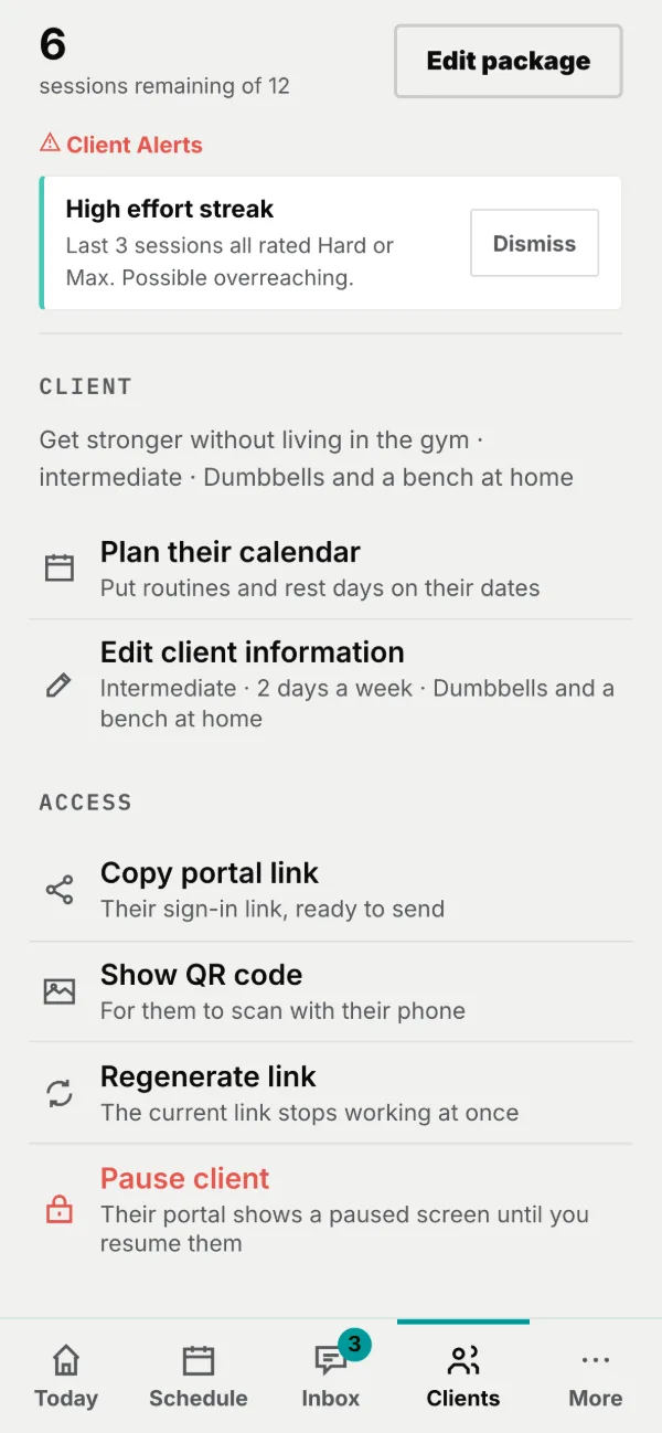 Details: package, alerts, client information, and Access, where the portal link lives.