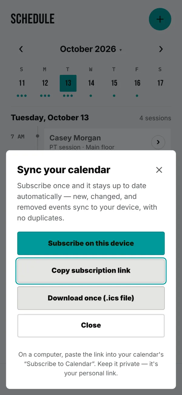 Sync your calendar: subscribe once, or download a one-time file.