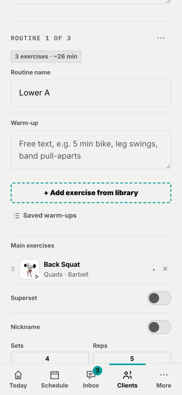 An open exercise row: Superset, Nickname, then sets, reps and rest.