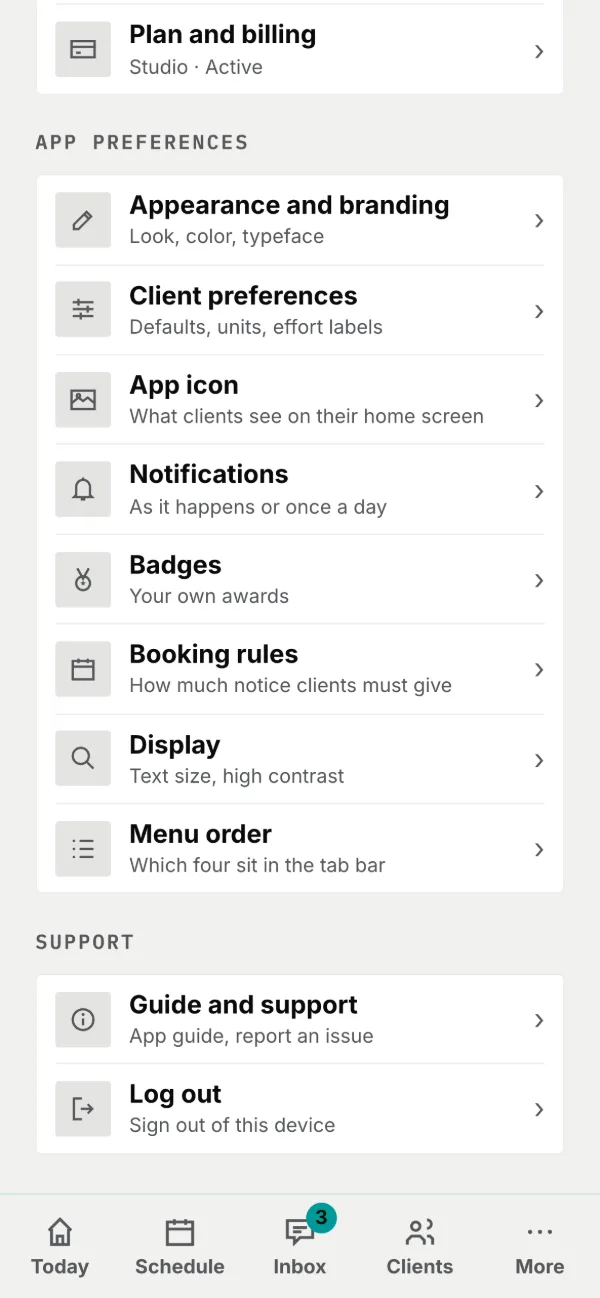 At the bottom of Settings: Guide and support, and Log out.