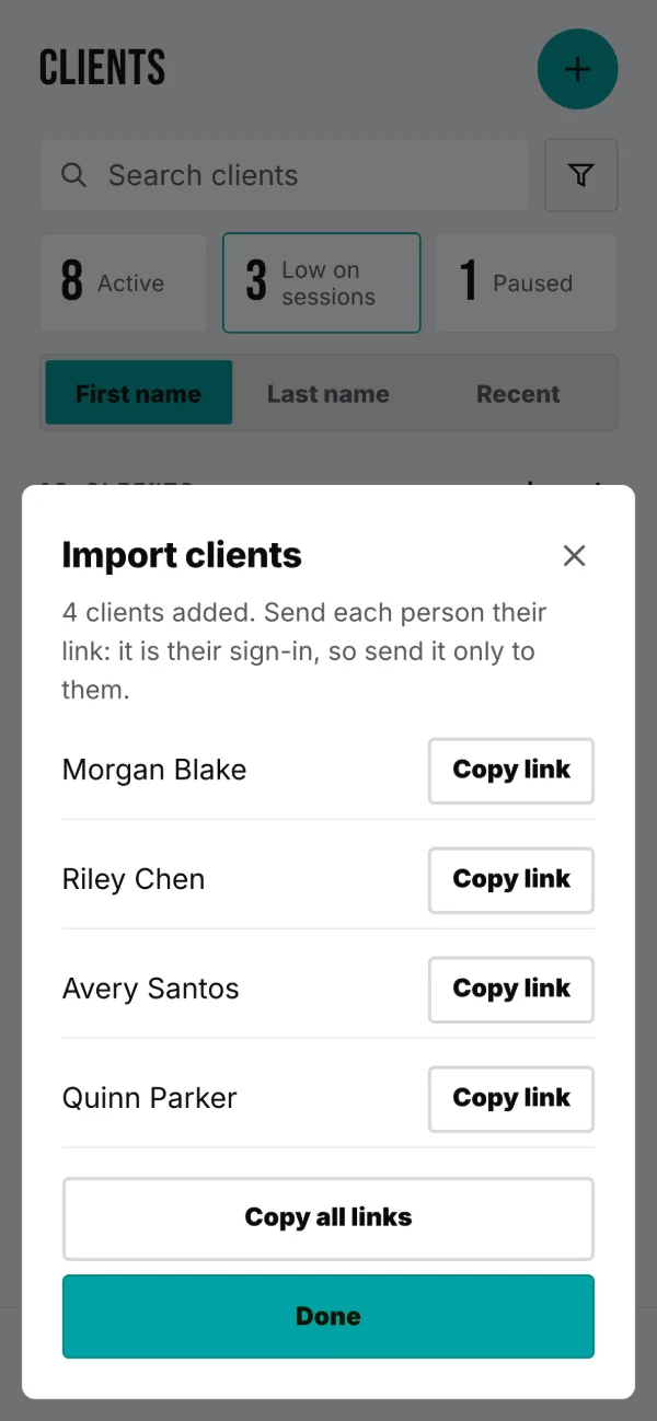 After an import: every new client’s link, ready to copy.