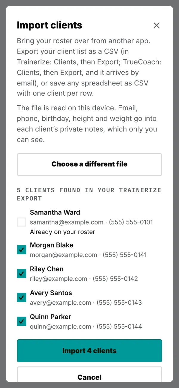 Import clients: the file is read on your device, and anyone already on your roster is left unticked.