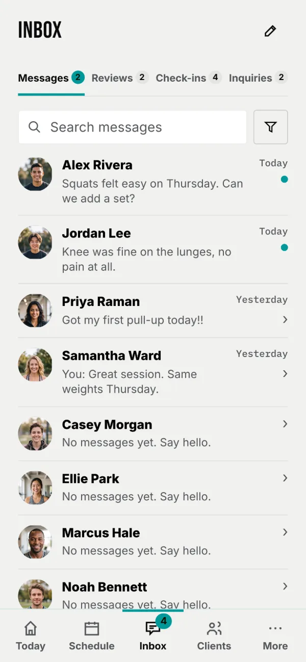 Inbox: Messages, Reviews, Check-ins and Inquiries, each with its count.