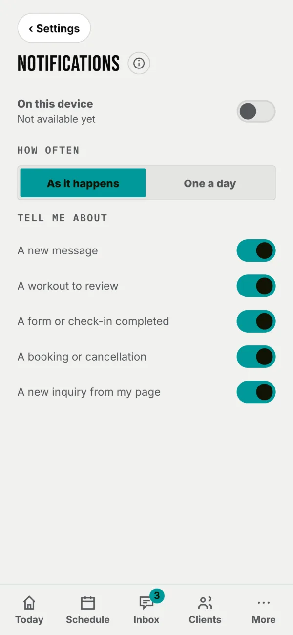 Notifications: as it happens or once a day, and which events.