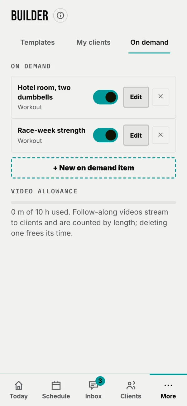 Builder › On demand. Off keeps an item as a draft only you can see.