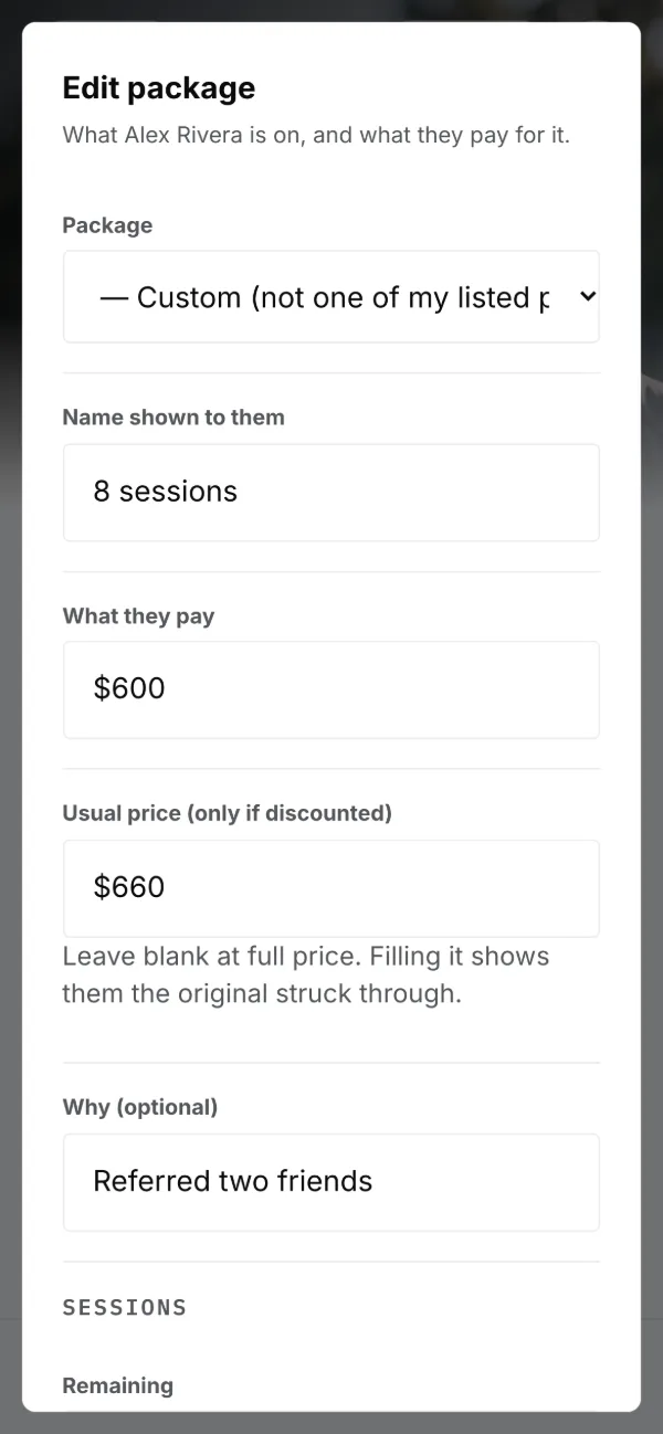 A client’s package: which one, what they pay, and sessions left.