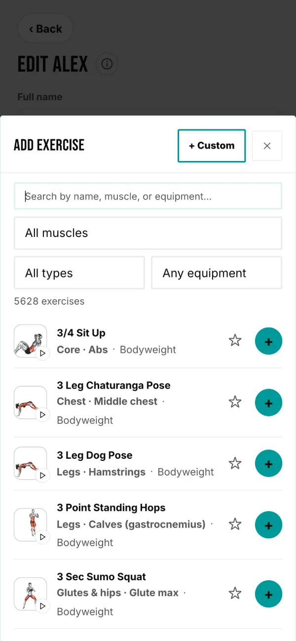 The exercise picker: all equipment or the client’s, the picture to preview, + to add.