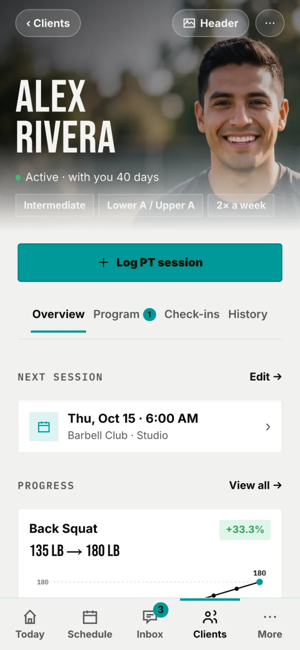 A client: their header photo and name, + Log PT session, then four tabs.