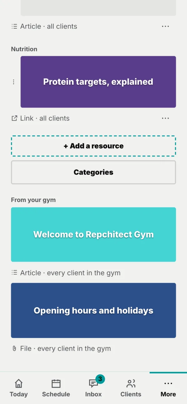 Below your own resources, the ones your gym shares.