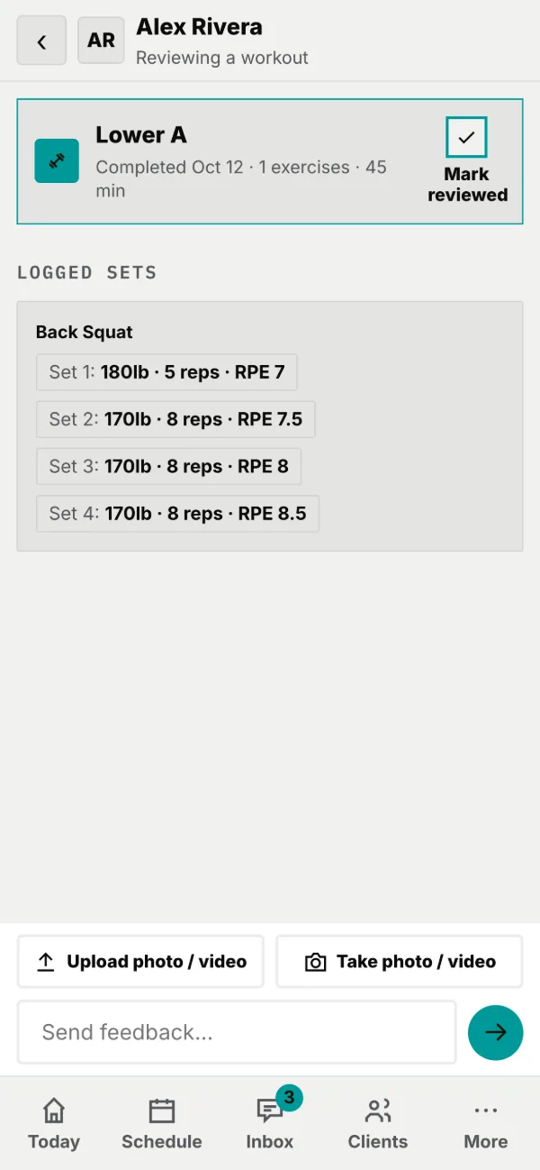 A review: the logged sets with effort, and Mark reviewed.