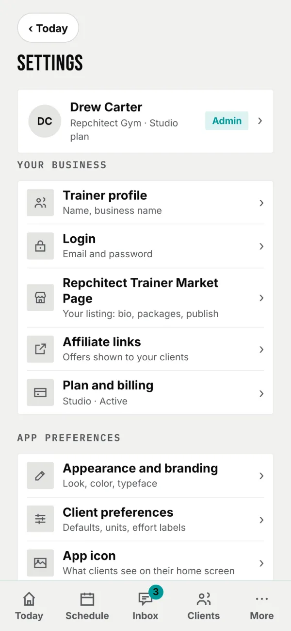 Settings: your account, then a menu of sections.