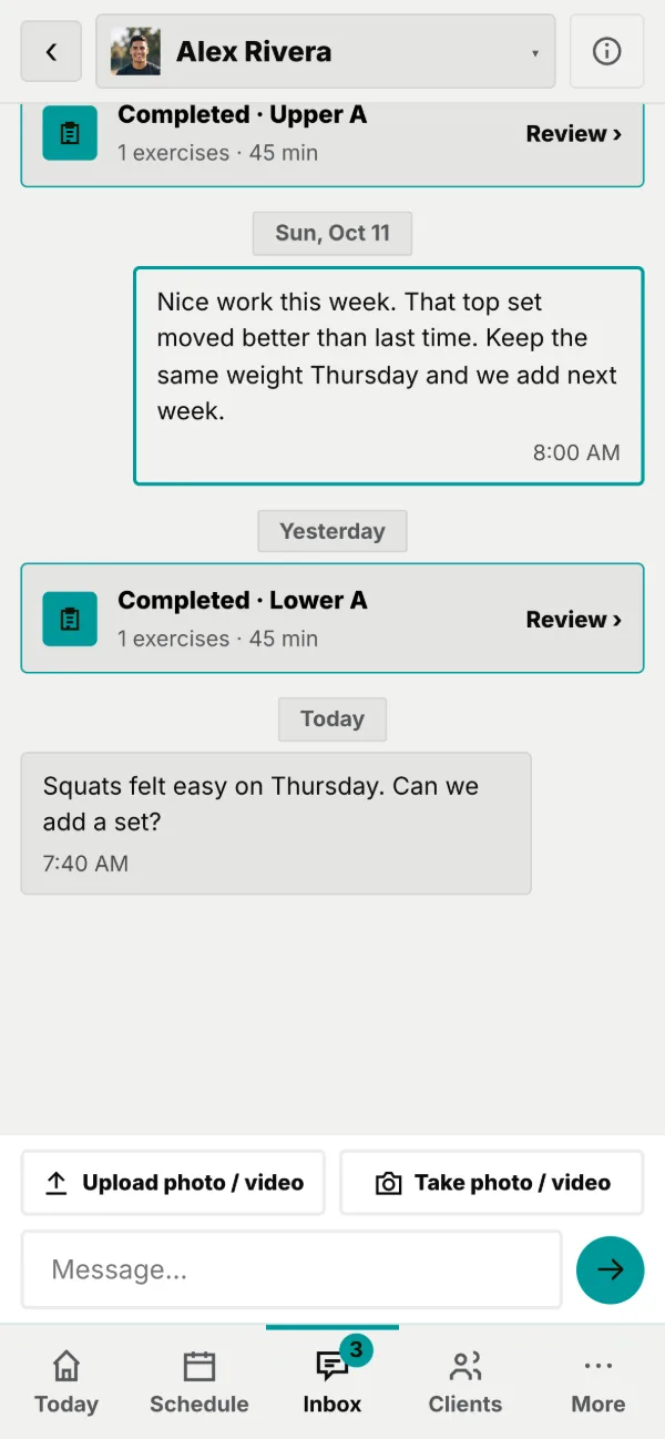 A thread: messages, workout cards and video, with the composer below.