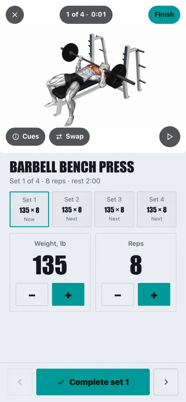 Training Mode: the demo on top, your sets, then Complete set.