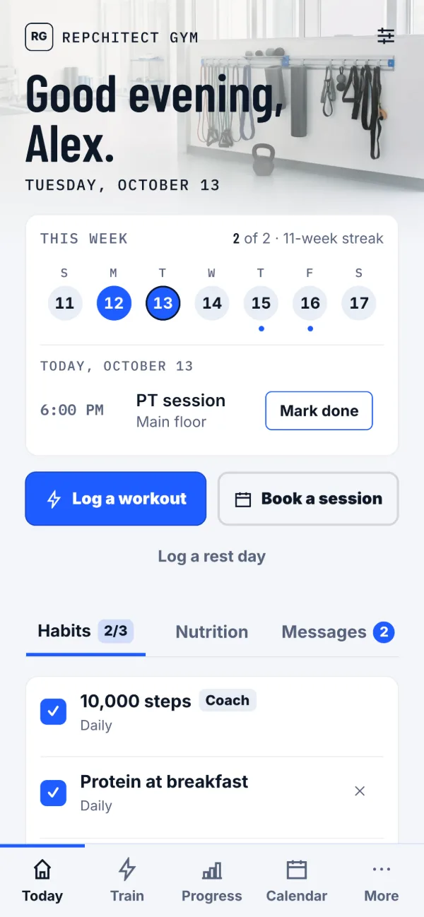 A client's Today screen in the Performance Clinic look