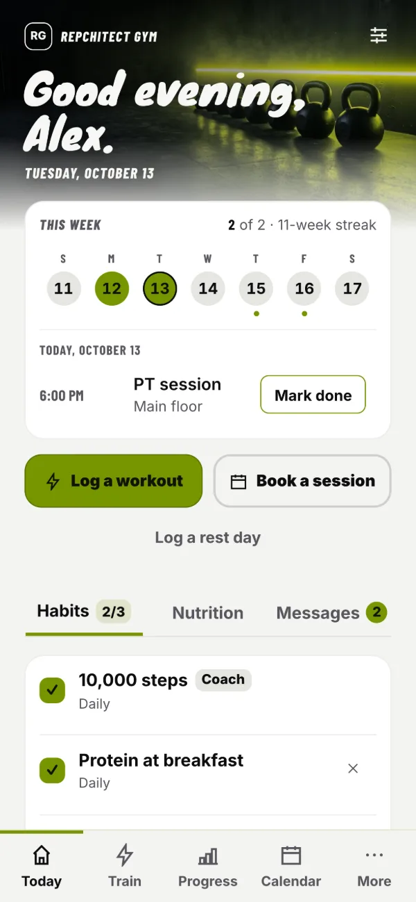 A client's Today screen in the Energy look