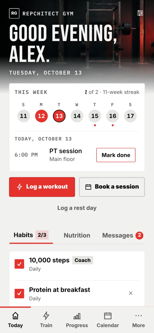A client's Today screen in the Strength Lab look