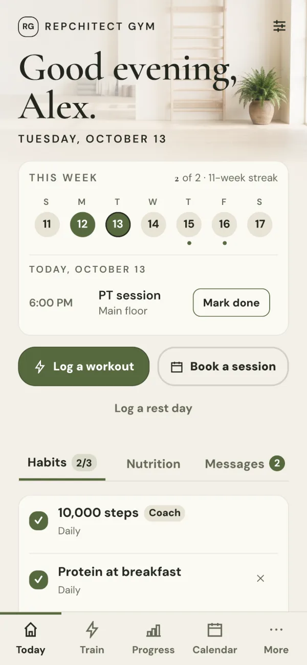 A client's Today screen in the Wellness Studio look